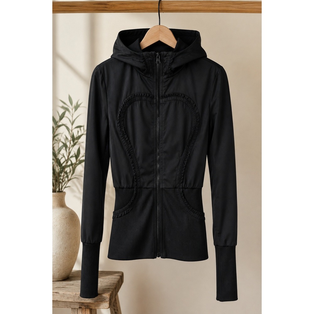 Lululemon Dance Studio Reversible Black Hooded Jacket Ruffle Detail Size 6 Y2K